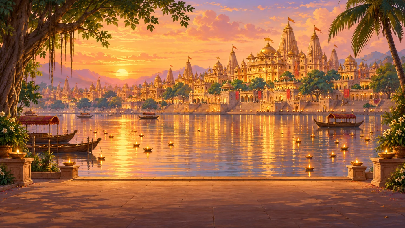 The golden city of Ayodhya on the river Sarayu at sunset, boats and floating lamps on the water.